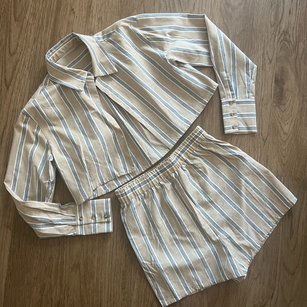 Beige Blue Striped Two-Piece Set | Cropped Button Down Shirt & High Waist Shorts